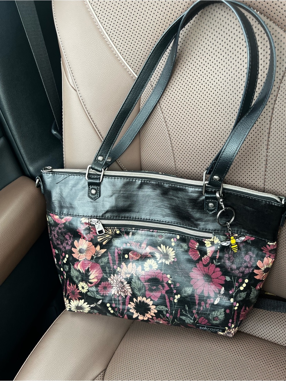 Sakroots Black Floral Tote with Pink and Yellow Blooms